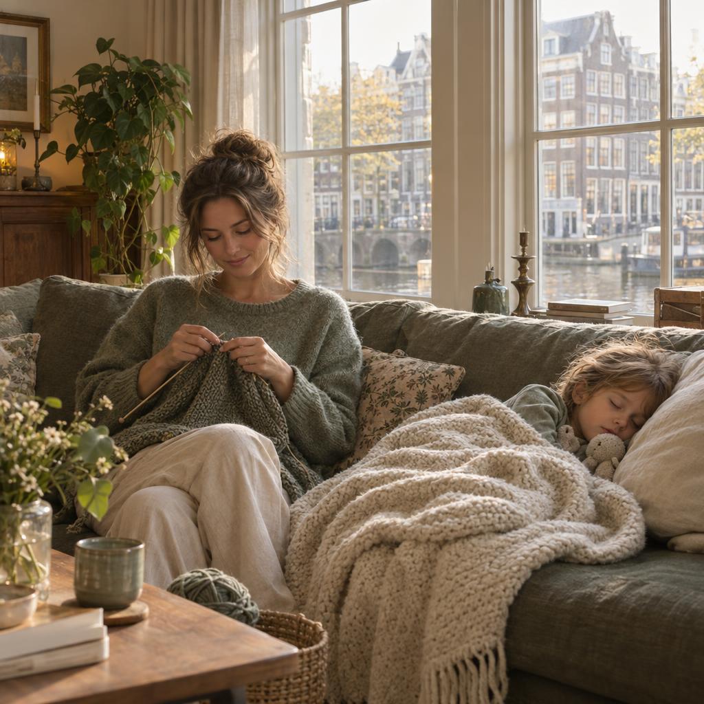 Moeder breit op de bank naast haar slapende kind